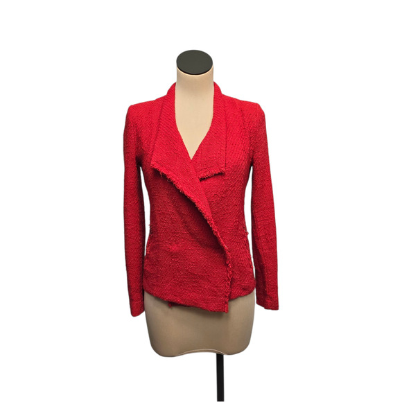 IRO Jacket Womens 38 Red Blazer Textured Boucle Fringe Open Front Made France - Picture 1 of 10